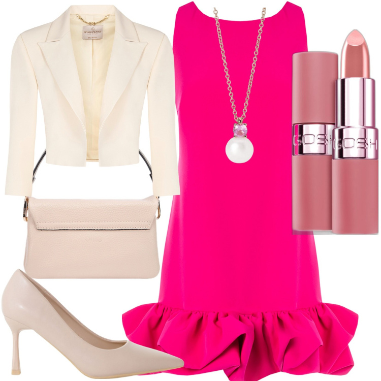 Outfit donna - Il vestito con le rouches. Stile Bon Ton per Cerimonia. Abbinamento con décolleté, rossetti, collane, vestiti, bolero, borse a tracolla.