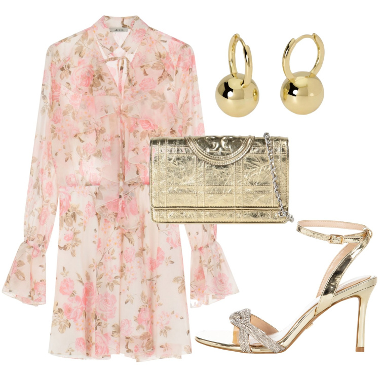 Outfit donna - Abito corto floreale. Stile Chic per Serata fuori. Abbinamento con borse a tracolla, orecchini, sandali col tacco, vestiti corti.