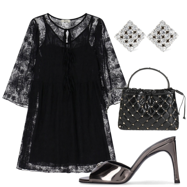 Outfit donna - Abito corto pizzo. Stile Chic per Serata fuori. Abbinamento con borse a mano, vestiti corti, orecchini, pantofole.