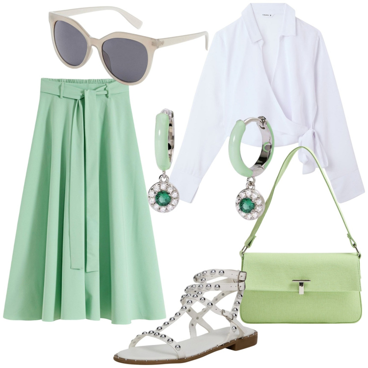Outfit donna - Giornata spensierata. Stile Basic per Tutti i giorni. Abbinamento con gonne lunghe, borse a tracolla, borse a spalla, camicie, sandali, orecchini.