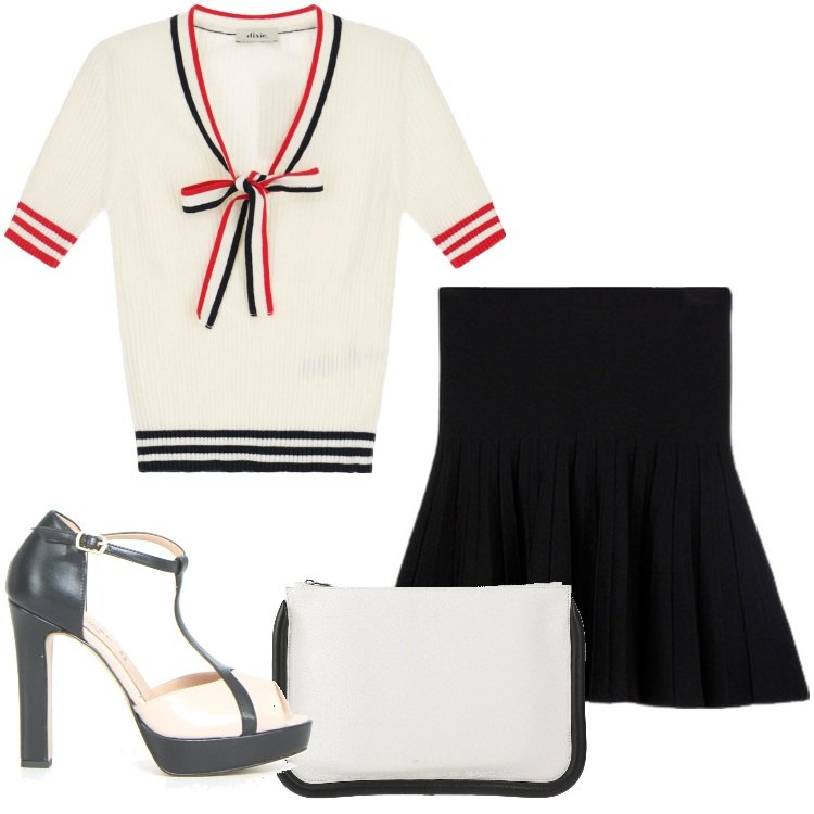 Outfit donna - Irresistibili righe. Stile Bon Ton per Serata fuori. Abbinamento con borse a mano, maglieria, sandali col tacco, minigonne.
