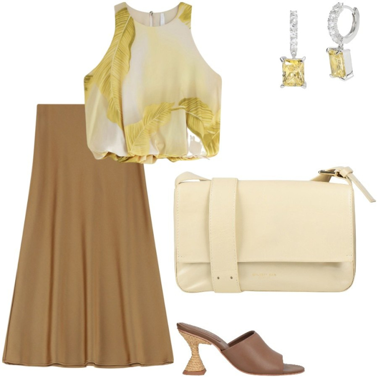 Outfit donna - Apericena in centro. Stile Chic per Serata fuori. Abbinamento con sandali in pelle, borse a tracolla, orecchini, gonne longuette, top.