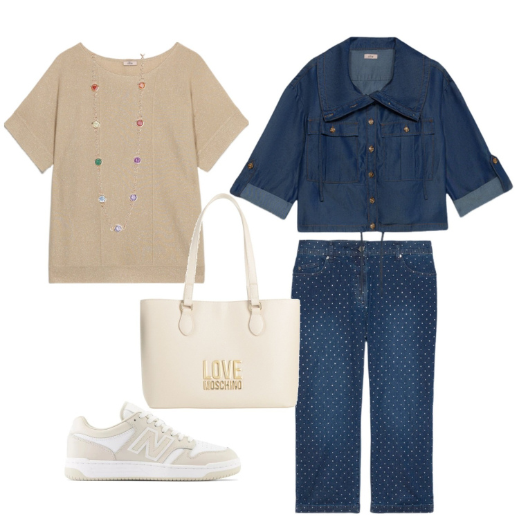 Outfit donna - Outfit jeans primavera. Stile Casual per Tutti i giorni. Abbinamento con borse a mano, collane, sneakers, jeans, maglieria, blazer.
