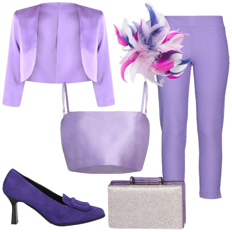 Outfit donna - La spilla di piume. Stile Glamour per Cerimonia. Abbinamento con pantaloni, décolleté, top, pochette, bolero, accessori per capelli.