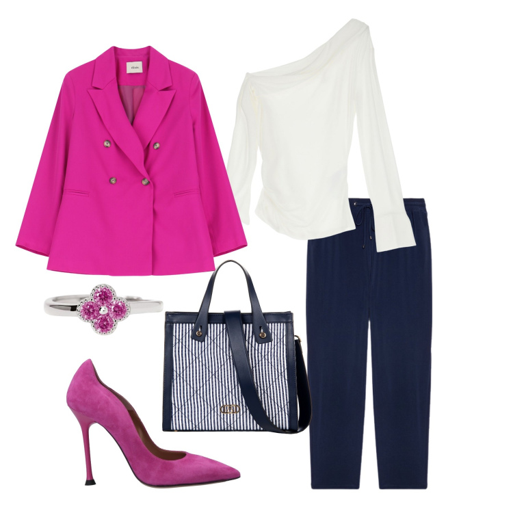 Outfit donna - Lillà. Stile Basic per Ufficio. Abbinamento con décolleté, anelli, shopping bag, maglieria, blazer, pantaloni.