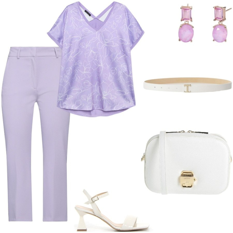 Outfit donna - Purple. Stile Casual chic per Ufficio. Abbinamento con pantaloni, borse a tracolla, orecchini, cinture, t-shirt, sandali col tacco.