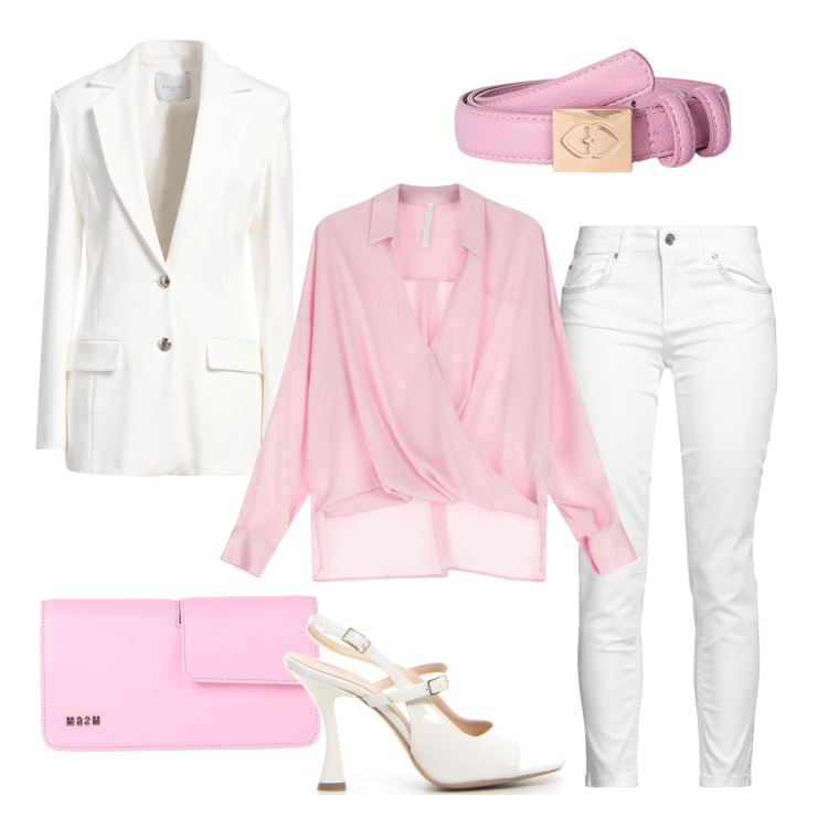 Outfit donna - Bianco-rosa. Stile Romantica per Ufficio. Abbinamento con blazer, pantaloni, borse a mano, bluse, sandali col tacco, cinture.