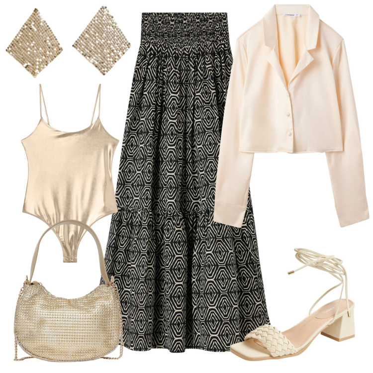 Outfit donna - Sulla via della Seta. Stile Glamour per Serata fuori. Abbinamento con camicie, gonne lunghe, sandali alla schiava, orecchini, borse a spalla, body.