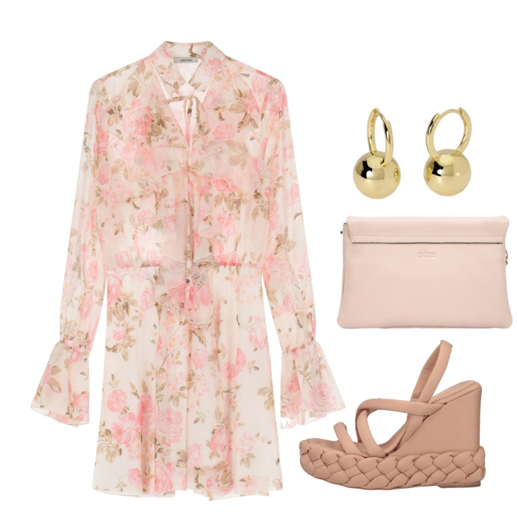 Outfit donna - Infiorata. Stile Romantica per Tutti i giorni. Abbinamento con sandali col tacco, orecchini, vestiti corti, borse a tracolla.