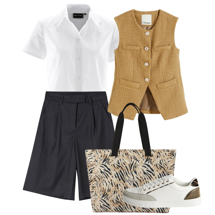 Outfit donna - Dinamica. Stile Trendy per Tutti i giorni. Abbinamento con camicie a manica corta, gilet, sneakers, bermuda, shopping bag.