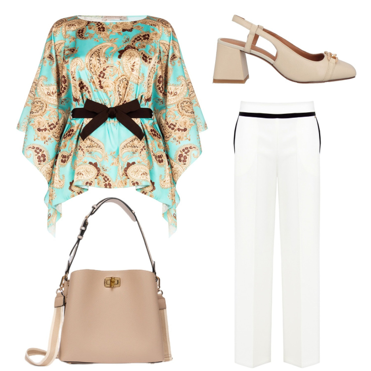 Outfit donna - Total look. Stile Casual per Tutti i giorni. Abbinamento con décolleté, bluse, pantaloni a palazzo, borse a secchiello.