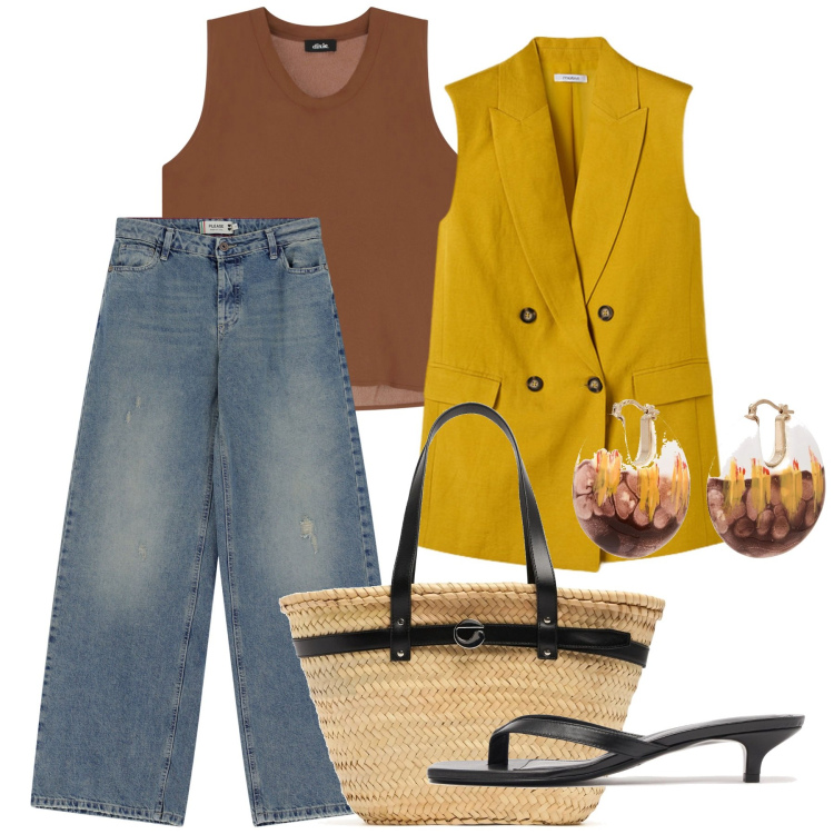 Outfit donna - Mango. Stile Casual chic per Tutti i giorni. Abbinamento con orecchini, jeans, top, gilet, shopping bag, sandali in pelle.
