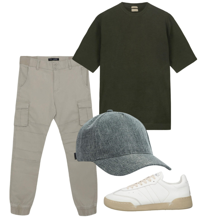 Outfit uomo - Maggio. Stile Casual per Tutti i giorni. Abbinamento con sneakers, pantaloni cargo, cappelli, t-shirt.