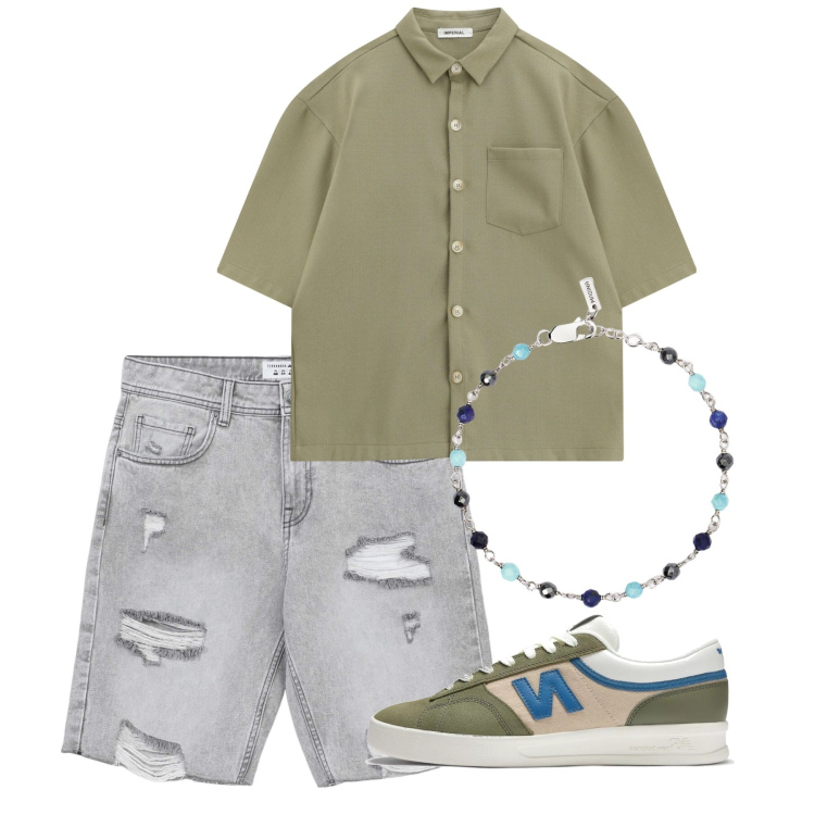 Outfit uomo - Maggio. Stile Casual per Tutti i giorni. Abbinamento con pantaloni corti, braccialetti, sneakers, camicie a manica corta.