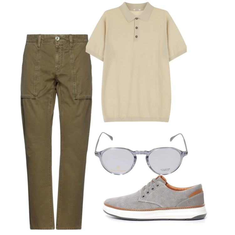 Outfit uomo - Pomeriggio. Stile Casual per Tutti i giorni. Abbinamento con pantaloni, polo, occhiali da sole, sneakers.