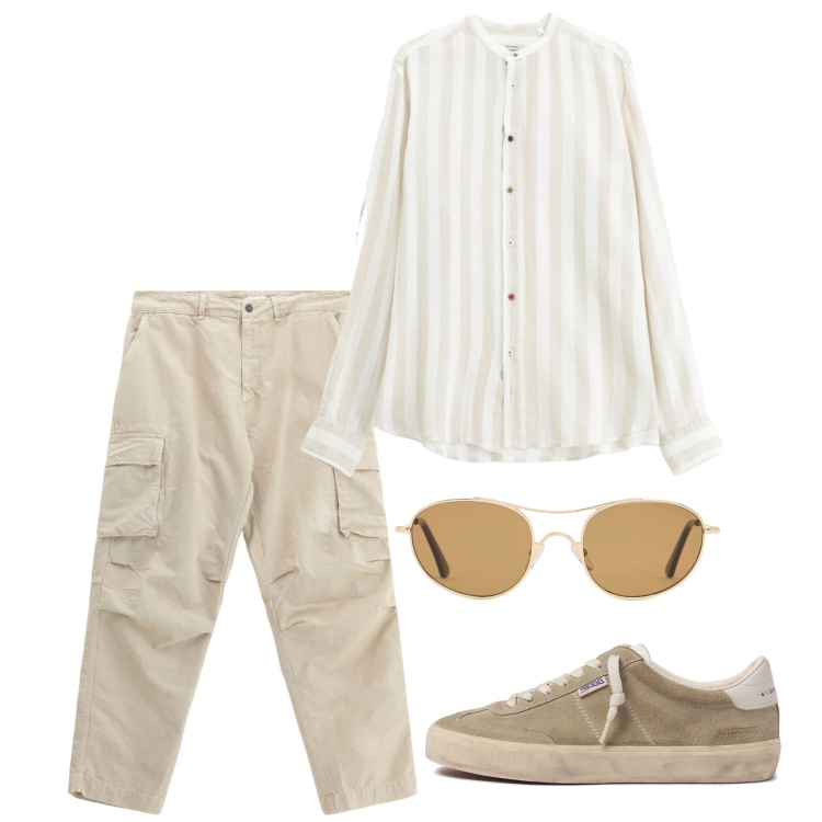 Outfit uomo - Maggio. Stile Casual per Tutti i giorni. Abbinamento con pantaloni cargo, camicie, sneakers, occhiali da sole.