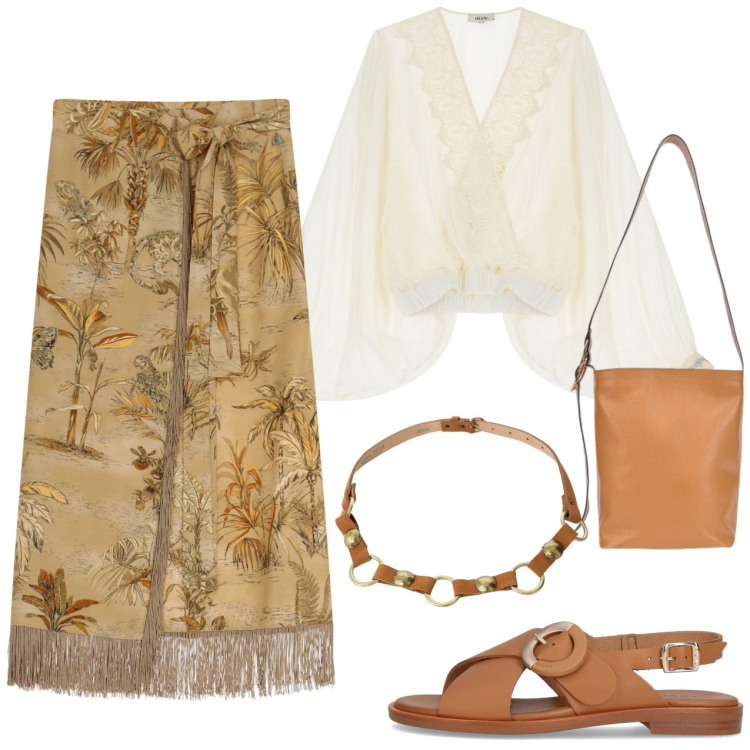 Outfit donna - Serata senza pensieri. Stile Casual chic per Serata fuori. Abbinamento con gonne, bluse, cinture, sandali, borse a secchiello.