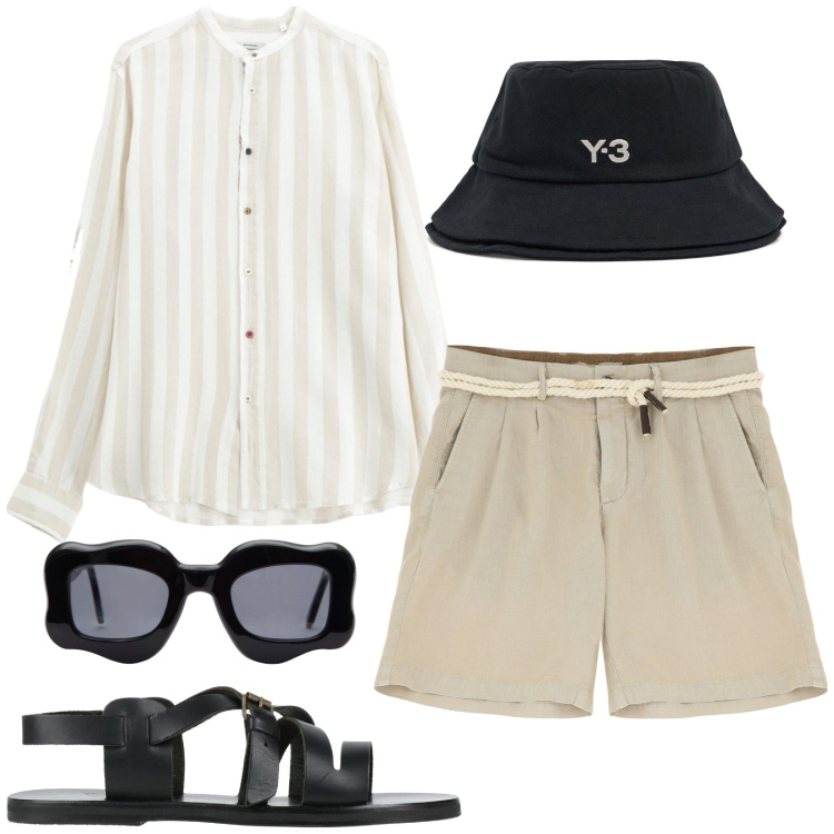 Outfit uomo - Stile coastal con twist. Stile Trendy per Tutti i giorni. Abbinamento con sandali, bermuda, camicie, occhiali da sole, cappelli.