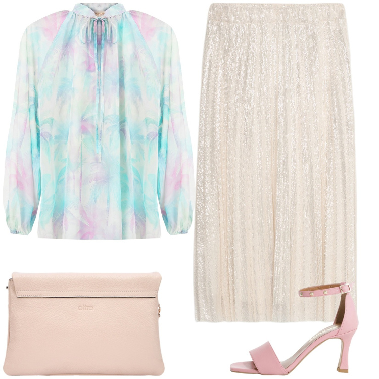 Outfit donna - Seta al tramonto. Stile Chic per Serata fuori. Abbinamento con sandali col tacco, bluse, borse a tracolla, gonne longuette.