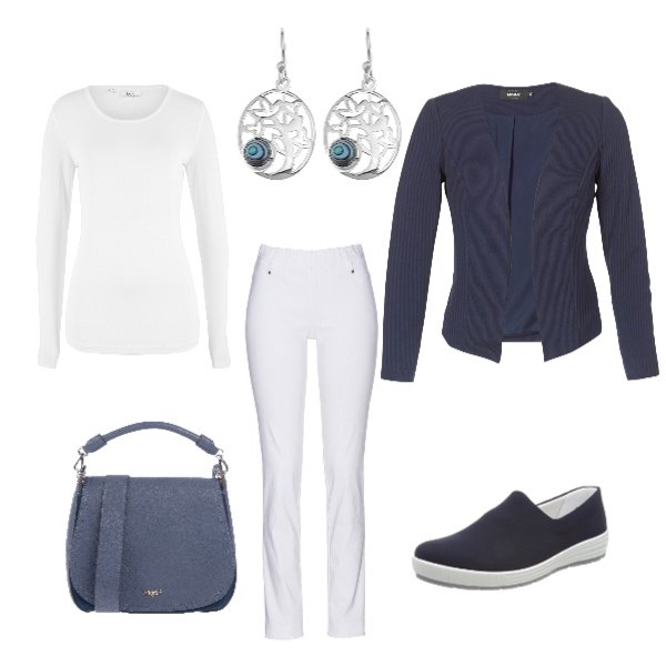 Outfit donna - Fashion white-blue. Stile Basic per Tutti i giorni. Abbinamento con pantaloni, maglia a maniche lunghe bianco, borsa a mano messenger taglia media interno foderato in pelle sintetica tinta unita, giacca blu, orecchini in argento 925 multicolore, mocassini blu.