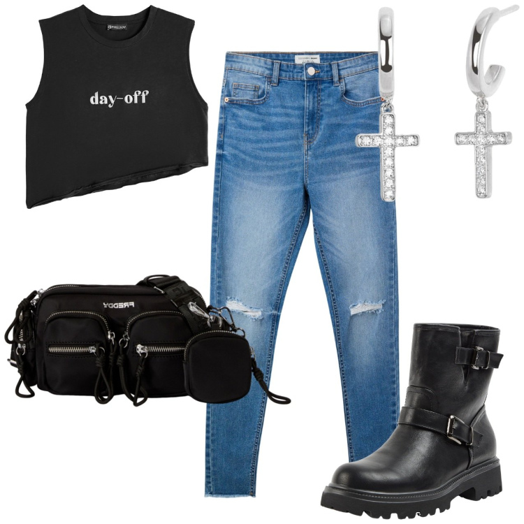 Outfit donna - Serata rock. Stile Rock per Serata fuori. Abbinamento con jeans strappati, stivaletti, orecchini, borse a tracolla, t-shirt.