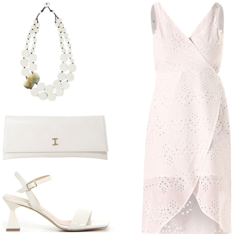 Outfit donna - Bianco assoluto. Stile Chic per Tutti i giorni. Abbinamento con pochette, vestiti a tubino, sandali col tacco, ciondoli.