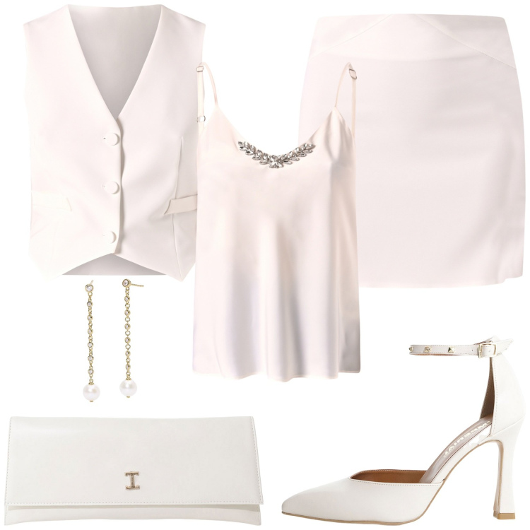 Outfit donna - Bianco assoluto. Stile Chic per Cerimonia. Abbinamento con décolleté, pochette, orecchini, top, minigonne, gilet.