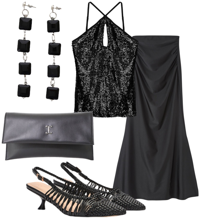 Outfit donna - Neri brillii. Stile Glamour per Serata fuori. Abbinamento con gonne lunghe, top, pochette, orecchini, décolleté.