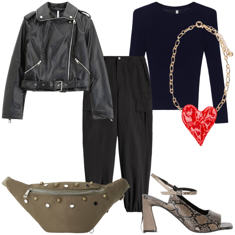 Outfit donna - Cuore rock. Stile Rock per Serata fuori. Abbinamento con giacche, maglieria, pantaloni cargo, marsupi, sandali col tacco, ciondoli.