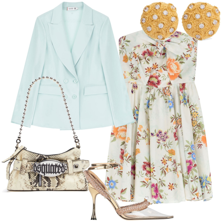 Outfit donna - Orecchini importanti. Stile Chic per Cerimonia. Abbinamento con décolleté, blazer, vestiti corti, orecchini, pochette.