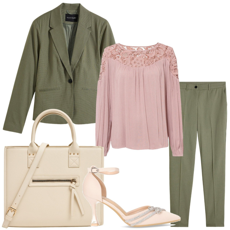 Outfit donna - Stile ufficio. Stile Casual per Ufficio. Abbinamento con pantaloni, tuniche, blazer, shopping bag, décolleté.