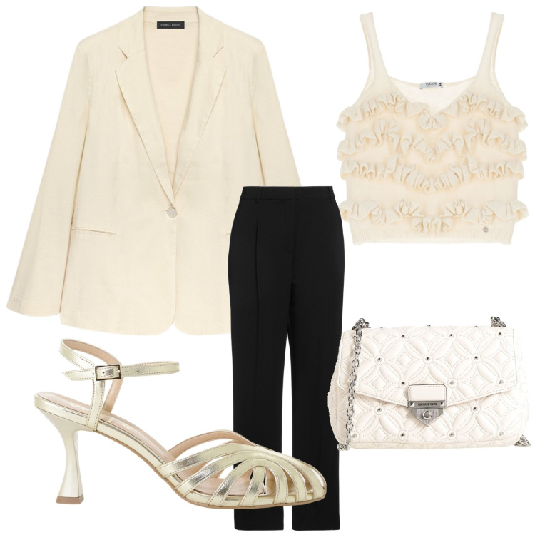 Outfit donna - Il top con rouches. Stile Glamour per Serata fuori. Abbinamento con pantaloni, borse a tracolla, top, sandali col tacco, blazer.