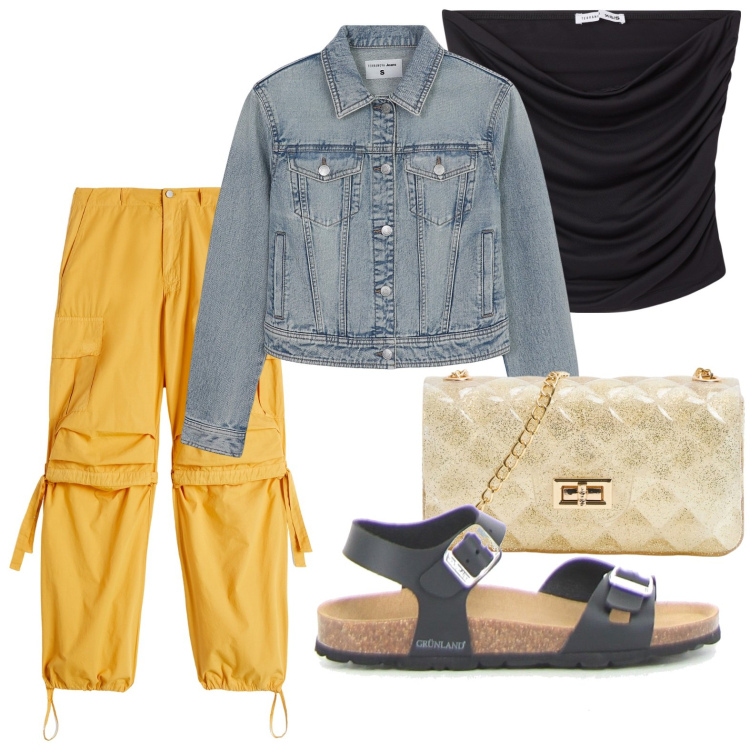 Outfit donna - Semplice e comoda. Stile Minimal per Tutti i giorni. Abbinamento con top, borse a tracolla, blazer, pantaloni cargo, sandali.