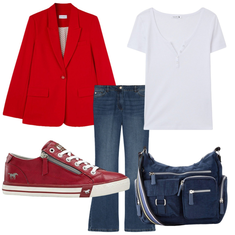 Outfit donna - Le comode sneakers. Stile Casual per Scuola/Università. Abbinamento con borse a tracolla, sneakers, t-shirt, jeans, blazer.