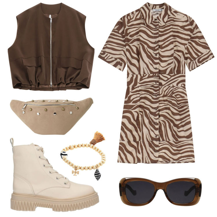 Outfit donna - Mal d\' Africa. Stile Basic per Tutti i giorni. Abbinamento con stivaletti, braccialetti, occhiali da sole, vestiti corti, blazer, marsupi.