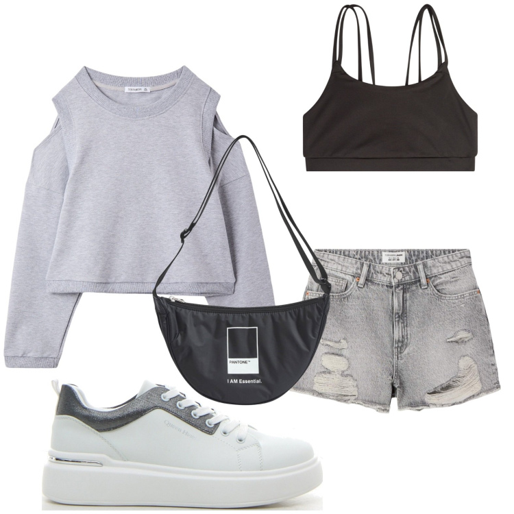 Outfit donna - Leggera e sportiva. Stile Minimal per Tutti i giorni. Abbinamento con shorts, marsupi, felpe, canottiere, sneakers.
