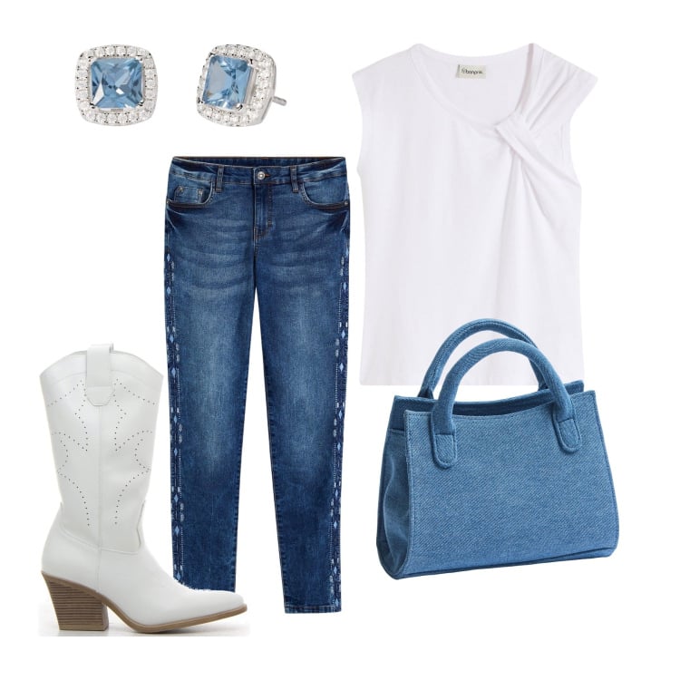 Outfit donna - Serata country. Stile Casual per Tutti i giorni. Abbinamento con jeans skinny, top, borse a tracolla, orecchini, stivali.