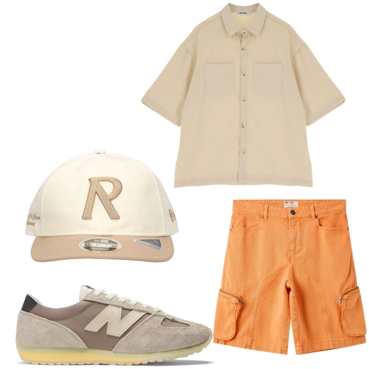 Outfit uomo - Bermuda arancia. Stile Casual per Tutti i giorni. Abbinamento con pantaloni corti, sneakers, camicie a manica corta, cappelli.