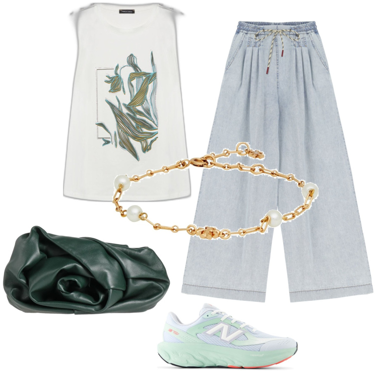 Outfit donna - Total look #2169182. Stile Casual chic per Tutti i giorni. Abbinamento con borse a mano, braccialetti, sneakers, jeans, t-shirt.
