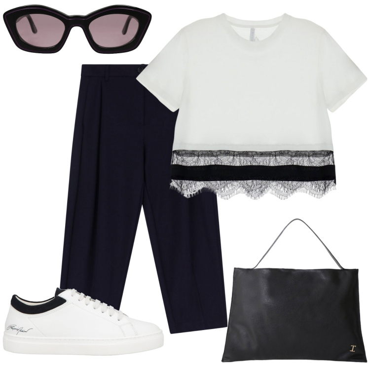 Outfit donna - Easy. Stile Casual chic Abbinamento con occhiali da sole, sneakers, borse a spalla, pantaloni, t-shirt.
