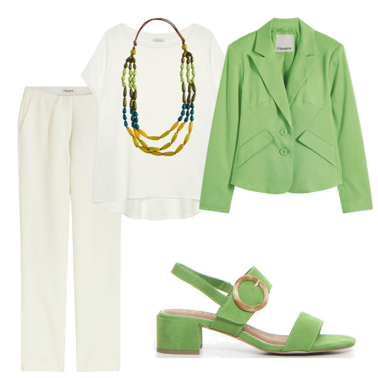 Outfit donna - Verde prato. Stile Casual chic per Ufficio. Abbinamento con pantaloni, blazer, collane, sandali col tacco, bluse.