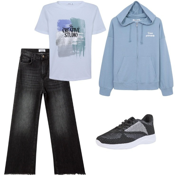 Outfit donna - Total look #2169221. Stile Urban per Tutti i giorni. Abbinamento con t-shirt, felpe con cappuccio, sneakers, jeans.