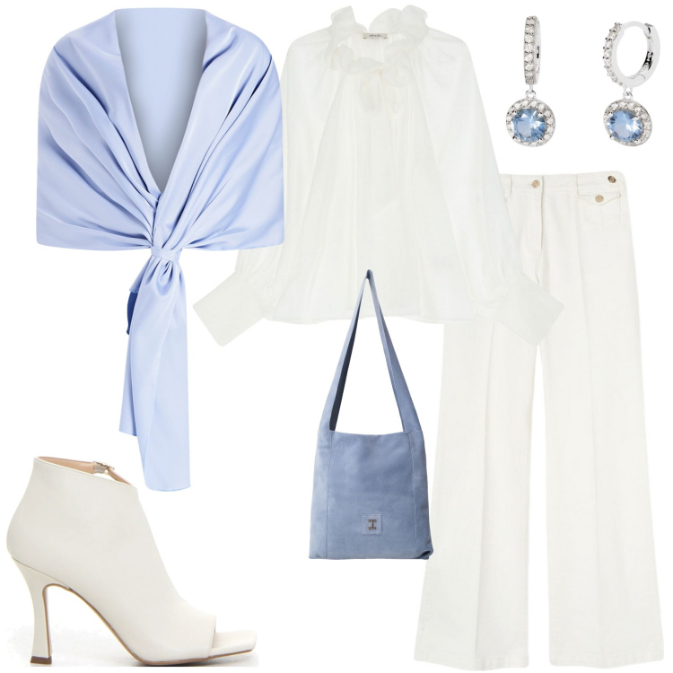 Outfit donna - Seta al tramonto. Stile Chic per Serata fuori. Abbinamento con orecchini, stole, borse a tracolla, bluse, sandali col tacco, pantaloni.