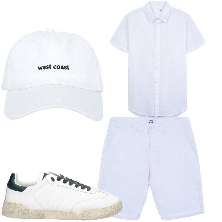 Outfit uomo - Solo bianco. Stile Casual per Tutti i giorni. Abbinamento con sneakers, cappelli, bermuda, camicie a manica corta.