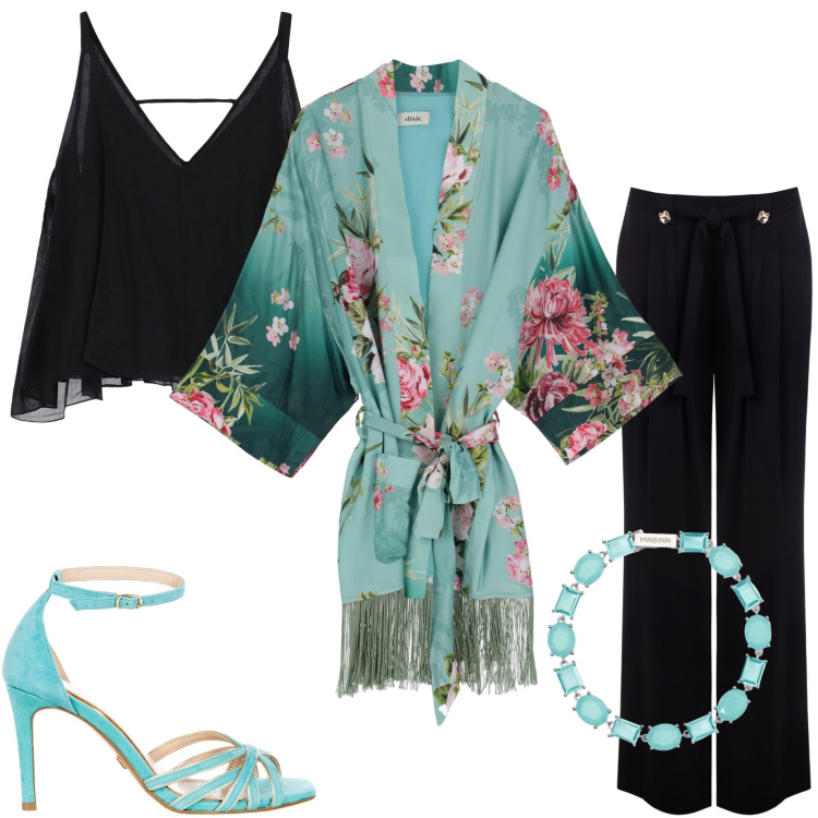 Outfit donna - Seta al tramonto. Stile Chic per Serata fuori. Abbinamento con kimono, top, braccialetti, sandali col tacco, pantaloni.