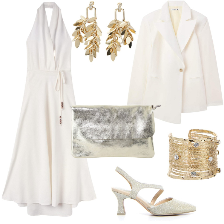 Outfit donna - Total White & Gold. Stile Chic per Serata fuori. Abbinamento con blazer, vestiti lunghi, braccialetti, borse a tracolla, orecchini, décolleté.