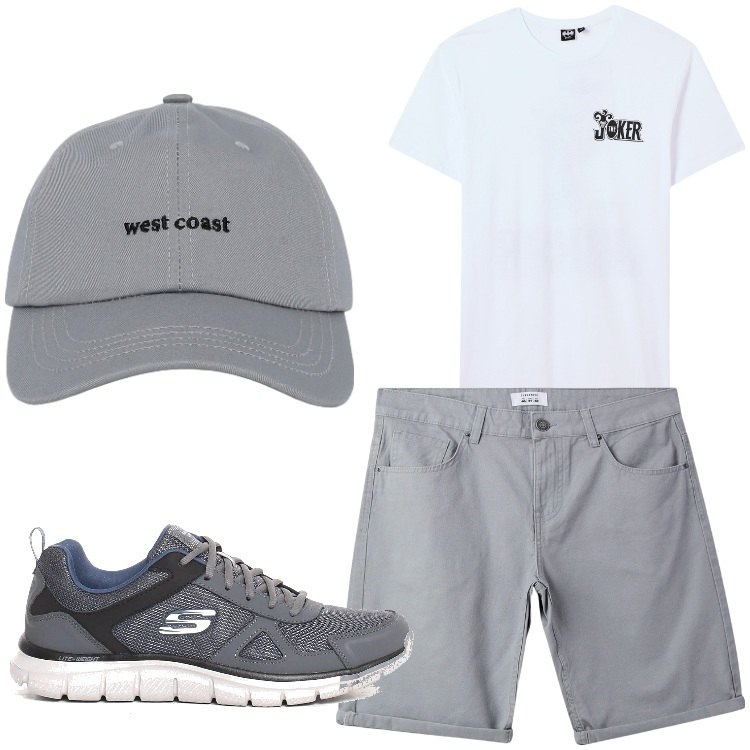 Outfit uomo - Bianco grigio casual. Stile Casual per Tutti i giorni. Abbinamento con cappelli con visiera, t-shirt, bermuda, sneakers.