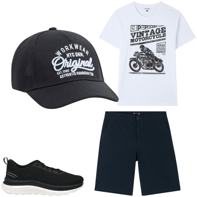 Outfit uomo - Sei come la mia moto. Stile Casual per Tutti i giorni. Abbinamento con sneakers, bermuda, cappelli, t-shirt.