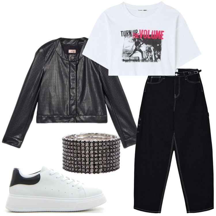 Outfit donna - Concerti rock. Stile Rock per Serata fuori. Abbinamento con pantaloni, t-shirt, braccialetti, giacche, sneakers.