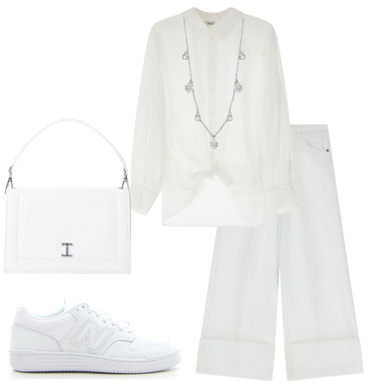 Outfit donna - Bianco assoluto. Stile Casual chic per Serata fuori. Abbinamento con collane, borse a tracolla, camicie, pantaloni, sneakers.